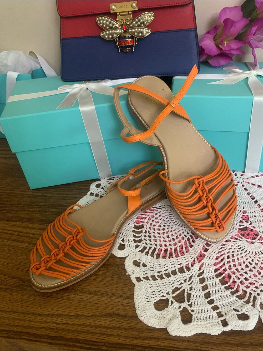Bruno magli 39 Women's Orange Braided Strap Flat Sandals